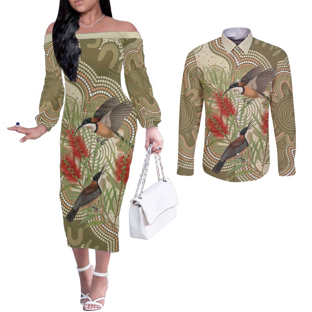 Australia Eastern Spinebill Couples Matching Off The Shoulder Long Sleeve Dress and Long Sleeve Button Shirt Aussie Honeyeater Bottlebrush Indigenous Art - Aussie Hoodie