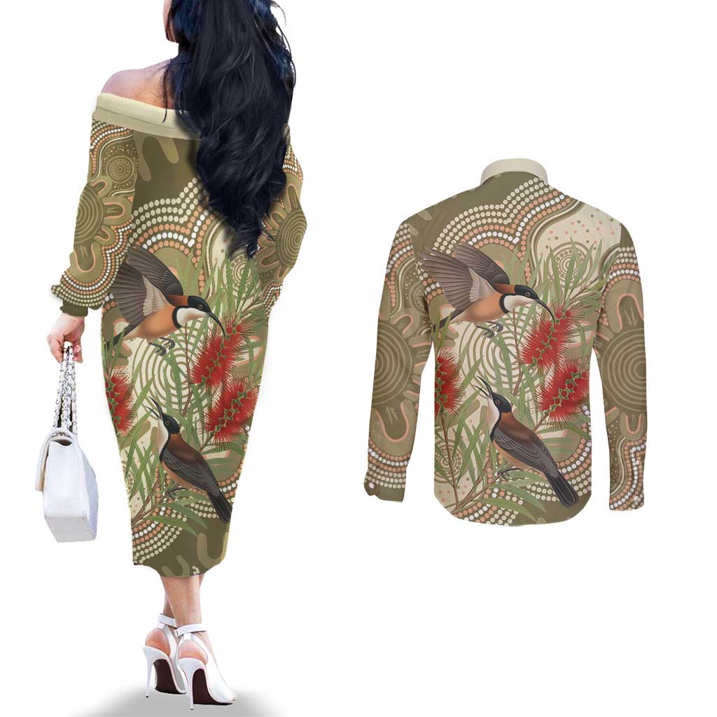 Australia Eastern Spinebill Couples Matching Off The Shoulder Long Sleeve Dress and Long Sleeve Button Shirt Aussie Honeyeater Bottlebrush Indigenous Art - Aussie Hoodie