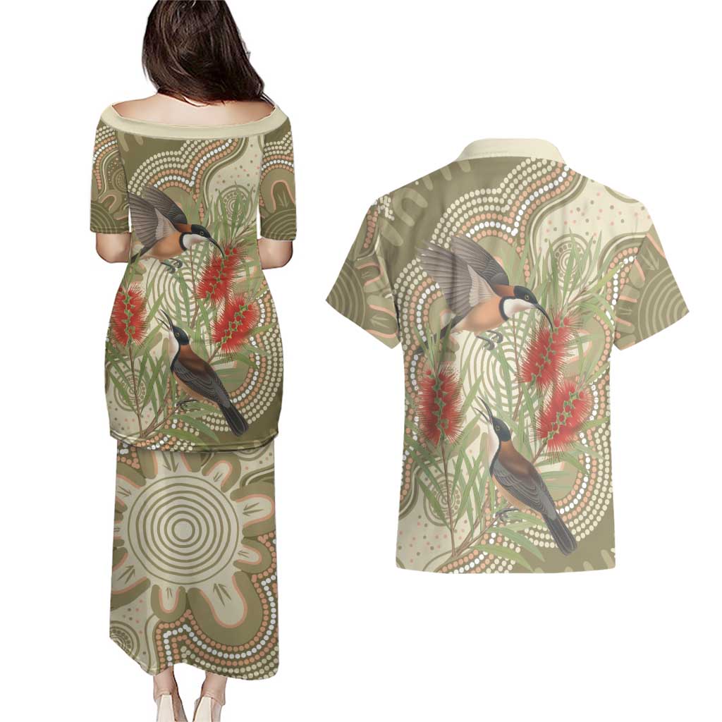 Australia Eastern Spinebill Couples Matching Puletasi and Hawaiian Shirt Aussie Honeyeater Bottlebrush Indigenous Art - Aussie Hoodie