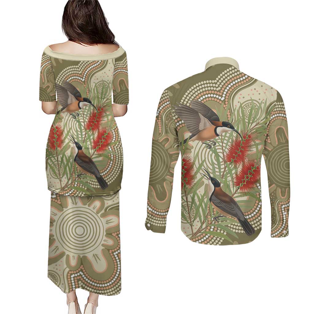 Australia Eastern Spinebill Couples Matching Puletasi and Long Sleeve Button Shirt Aussie Honeyeater Bottlebrush Indigenous Art - Aussie Hoodie