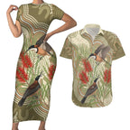 Australia Eastern Spinebill Couples Matching Short Sleeve Bodycon Dress and Hawaiian Shirt Aussie Honeyeater Bottlebrush Indigenous Art - Aussie Hoodie