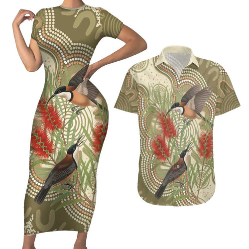 Australia Eastern Spinebill Couples Matching Short Sleeve Bodycon Dress and Hawaiian Shirt Aussie Honeyeater Bottlebrush Indigenous Art - Aussie Hoodie