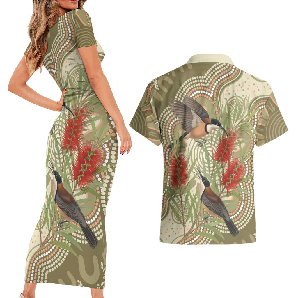 Australia Eastern Spinebill Couples Matching Short Sleeve Bodycon Dress and Hawaiian Shirt Aussie Honeyeater Bottlebrush Indigenous Art - Aussie Hoodie