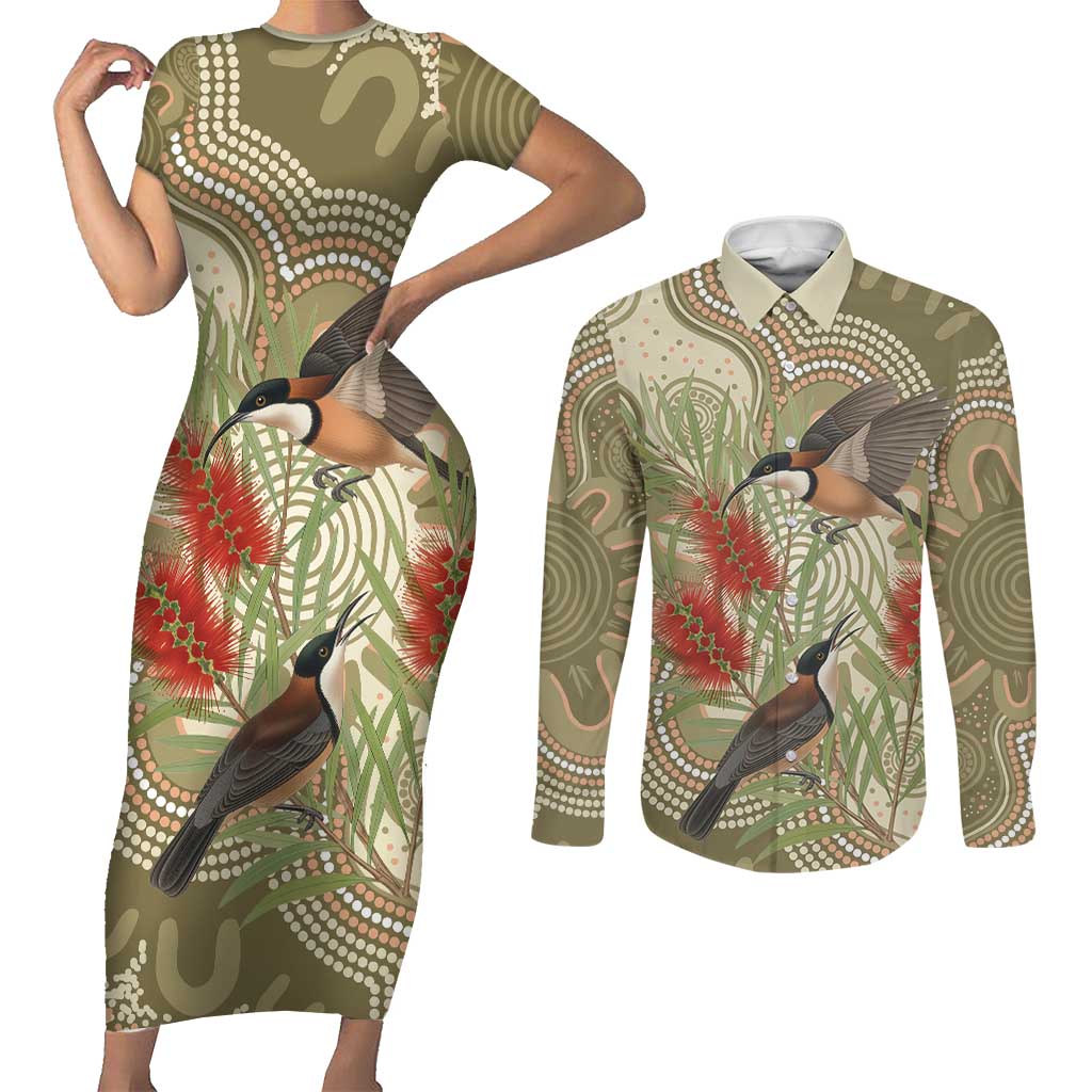 Australia Eastern Spinebill Couples Matching Short Sleeve Bodycon Dress and Long Sleeve Button Shirt Aussie Honeyeater Bottlebrush Indigenous Art - Aussie Hoodie