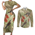 Australia Eastern Spinebill Couples Matching Short Sleeve Bodycon Dress and Long Sleeve Button Shirt Aussie Honeyeater Bottlebrush Indigenous Art - Aussie Hoodie