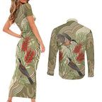 Australia Eastern Spinebill Couples Matching Short Sleeve Bodycon Dress and Long Sleeve Button Shirt Aussie Honeyeater Bottlebrush Indigenous Art - Aussie Hoodie