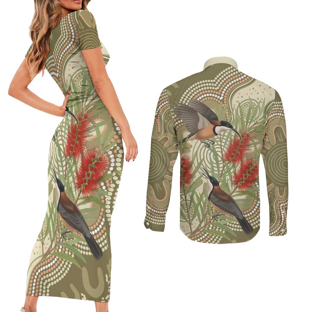 Australia Eastern Spinebill Couples Matching Short Sleeve Bodycon Dress and Long Sleeve Button Shirt Aussie Honeyeater Bottlebrush Indigenous Art - Aussie Hoodie