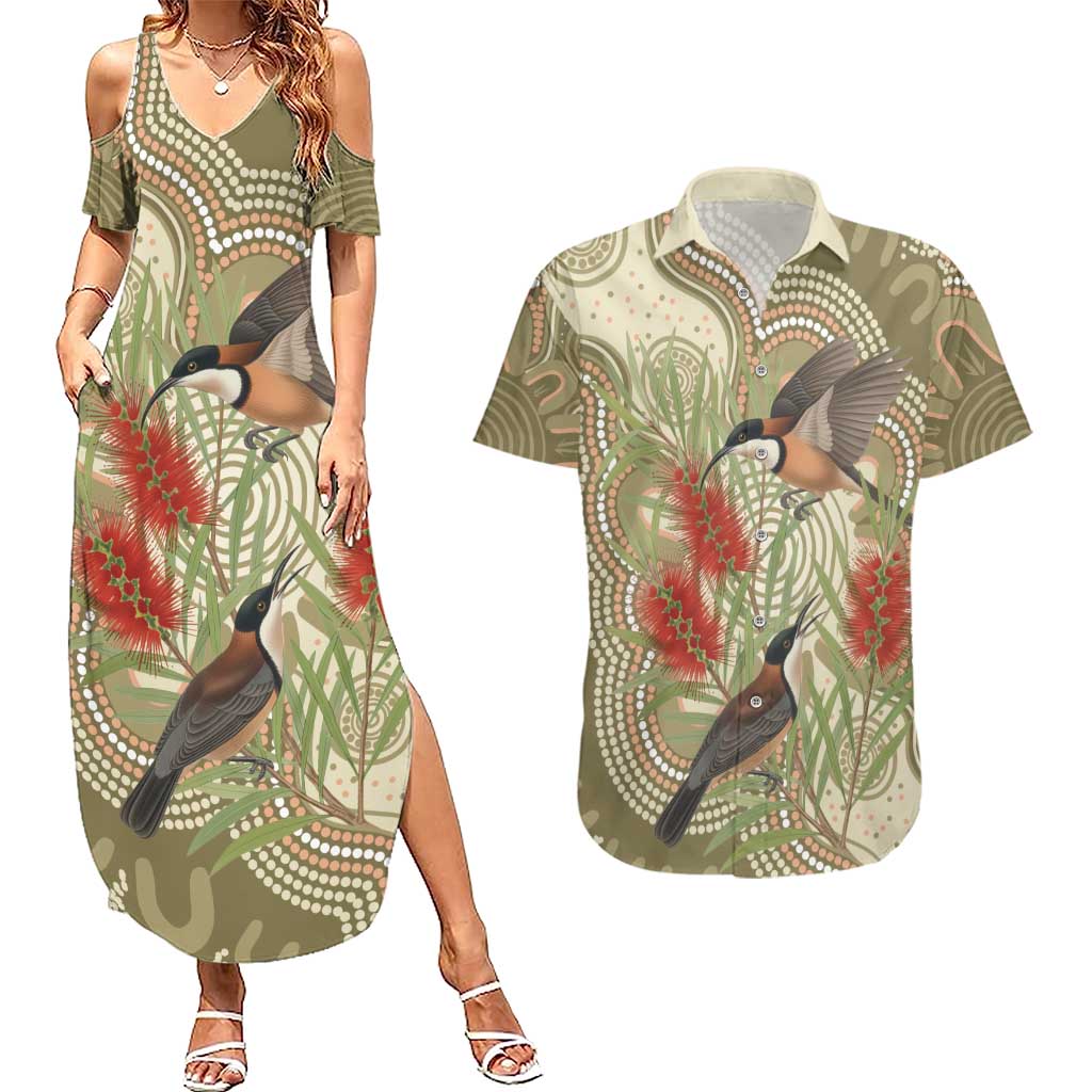 Australia Eastern Spinebill Couples Matching Summer Maxi Dress and Hawaiian Shirt Aussie Honeyeater Bottlebrush Indigenous Art - Aussie Hoodie