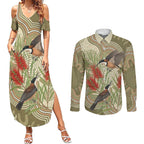 Australia Eastern Spinebill Couples Matching Summer Maxi Dress and Long Sleeve Button Shirt Aussie Honeyeater Bottlebrush Indigenous Art - Aussie Hoodie