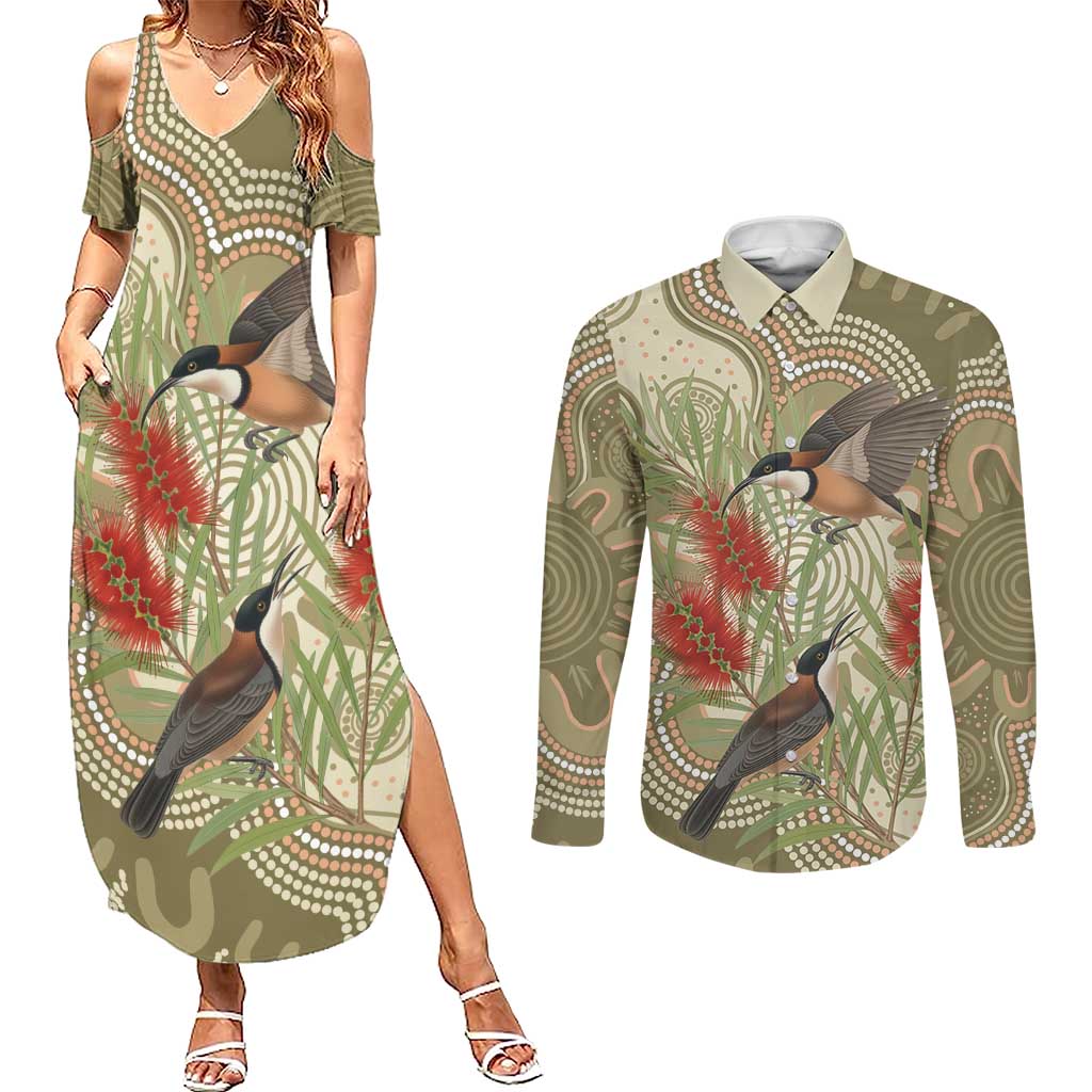 Australia Eastern Spinebill Couples Matching Summer Maxi Dress and Long Sleeve Button Shirt Aussie Honeyeater Bottlebrush Indigenous Art - Aussie Hoodie