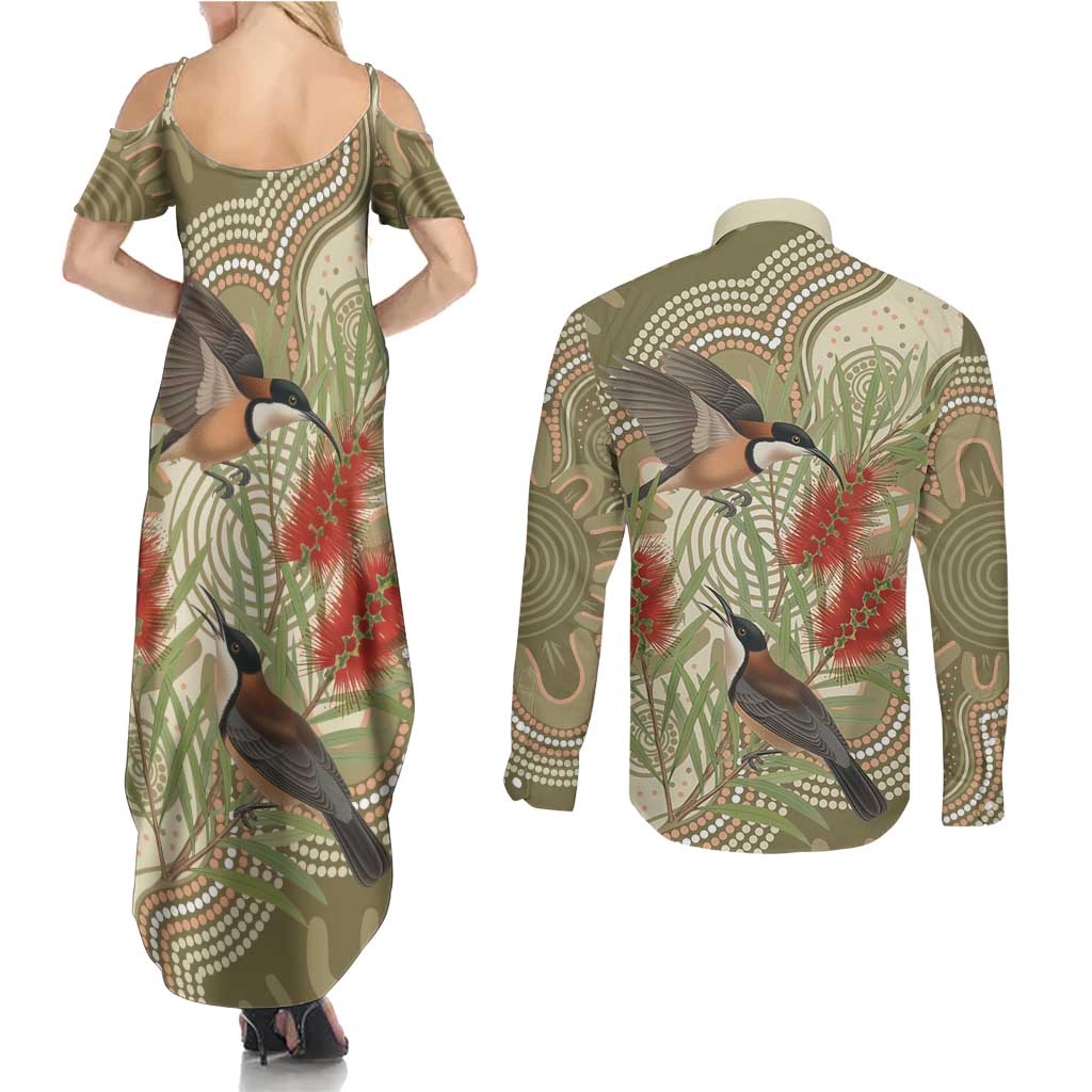 Australia Eastern Spinebill Couples Matching Summer Maxi Dress and Long Sleeve Button Shirt Aussie Honeyeater Bottlebrush Indigenous Art - Aussie Hoodie