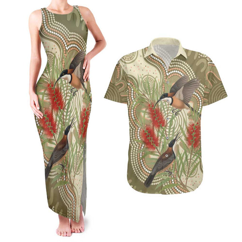 Australia Eastern Spinebill Couples Matching Tank Maxi Dress and Hawaiian Shirt Aussie Honeyeater Bottlebrush Indigenous Art - Aussie Hoodie
