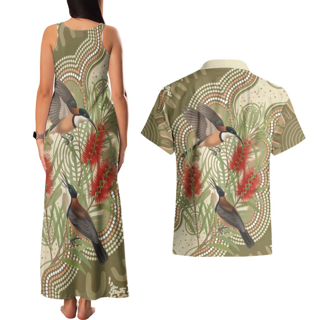 Australia Eastern Spinebill Couples Matching Tank Maxi Dress and Hawaiian Shirt Aussie Honeyeater Bottlebrush Indigenous Art - Aussie Hoodie