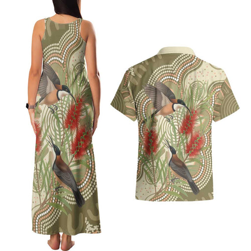 Australia Eastern Spinebill Couples Matching Tank Maxi Dress and Hawaiian Shirt Aussie Honeyeater Bottlebrush Indigenous Art - Aussie Hoodie
