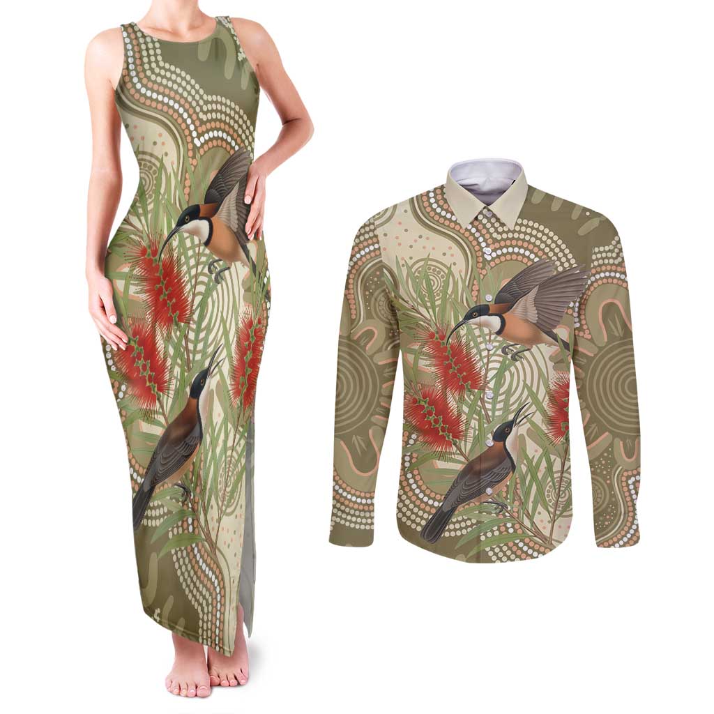 Australia Eastern Spinebill Couples Matching Tank Maxi Dress and Long Sleeve Button Shirt Aussie Honeyeater Bottlebrush Indigenous Art - Aussie Hoodie