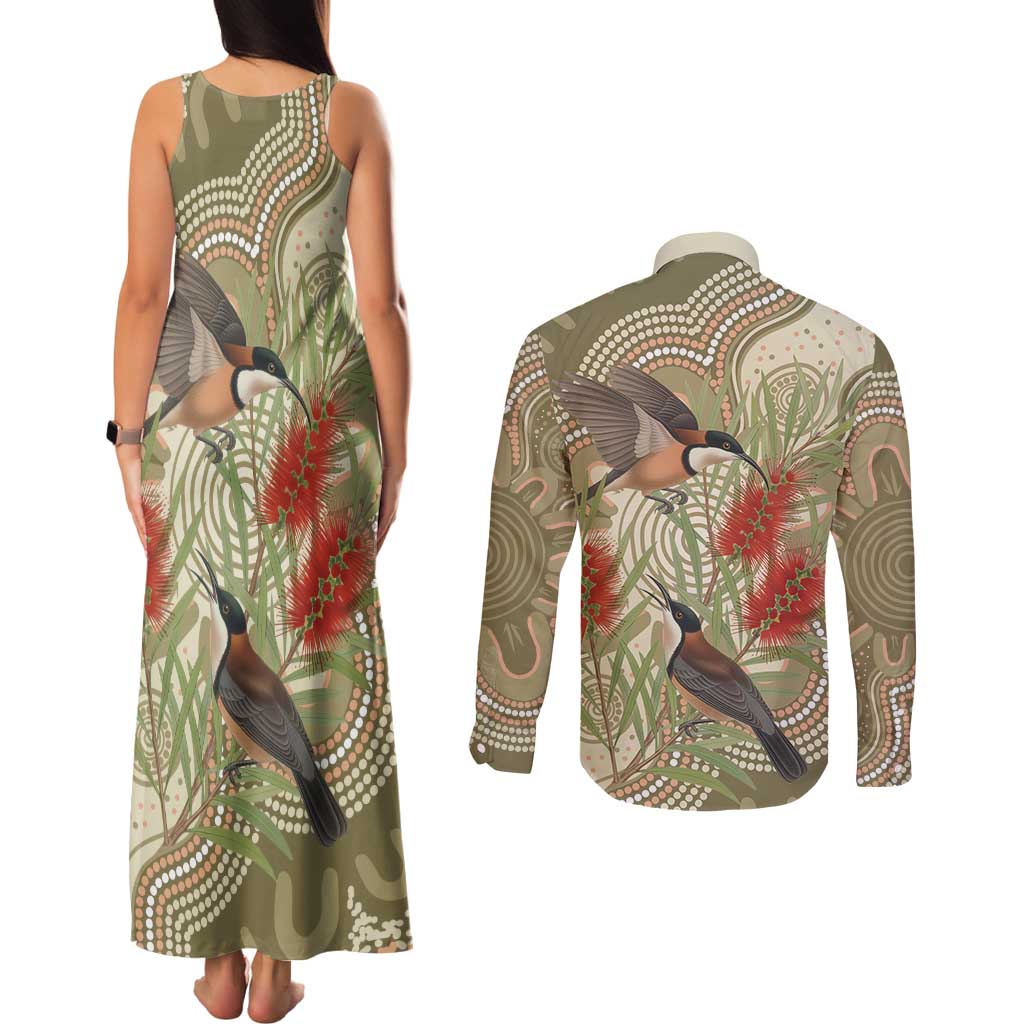 Australia Eastern Spinebill Couples Matching Tank Maxi Dress and Long Sleeve Button Shirt Aussie Honeyeater Bottlebrush Indigenous Art - Aussie Hoodie