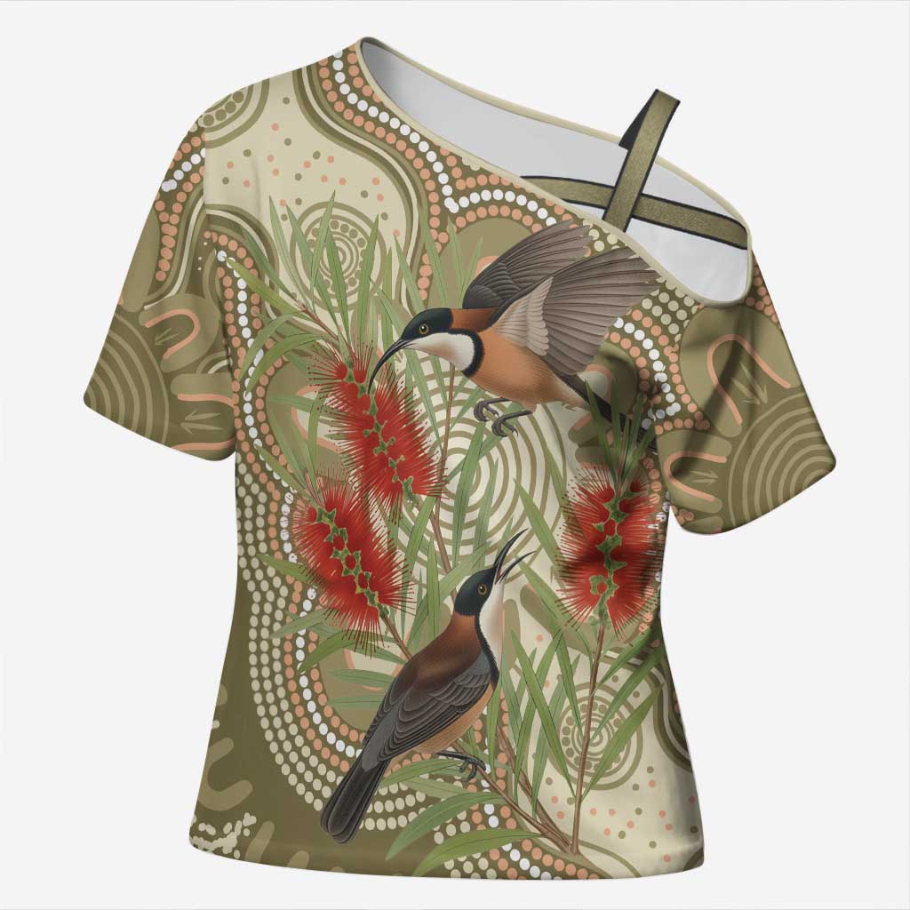 Australia Eastern Spinebill Cross Shoulder Shirt Aussie Honeyeater Bottlebrush Indigenous Art - Aussie Hoodie