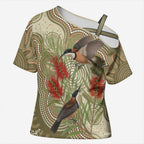 Australia Eastern Spinebill Cross Shoulder Shirt Aussie Honeyeater Bottlebrush Indigenous Art - Aussie Hoodie