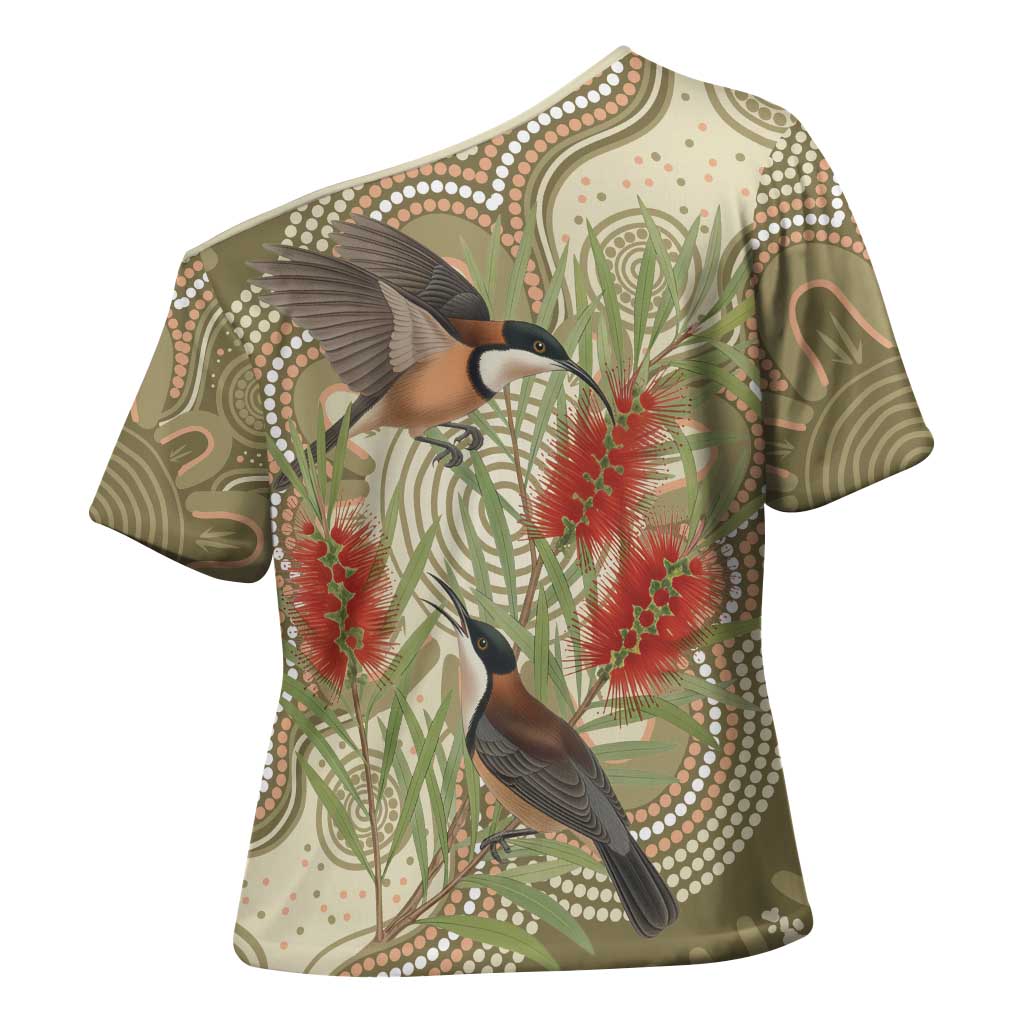 Australia Eastern Spinebill Cross Shoulder Shirt Aussie Honeyeater Bottlebrush Indigenous Art - Aussie Hoodie