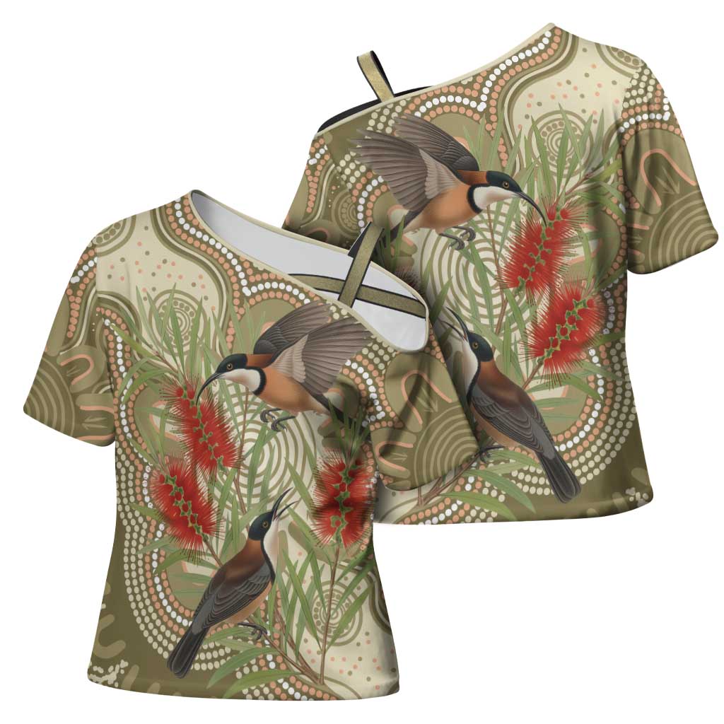Australia Eastern Spinebill Cross Shoulder Shirt Aussie Honeyeater Bottlebrush Indigenous Art - Aussie Hoodie