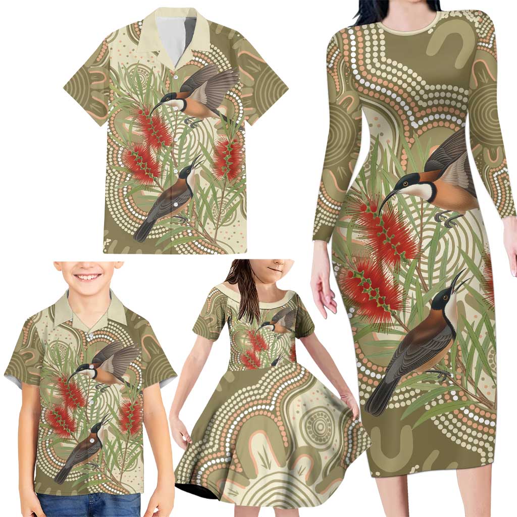 Australia Eastern Spinebill Family Matching Long Sleeve Bodycon Dress and Hawaiian Shirt Aussie Honeyeater Bottlebrush Indigenous Art - Aussie Hoodie