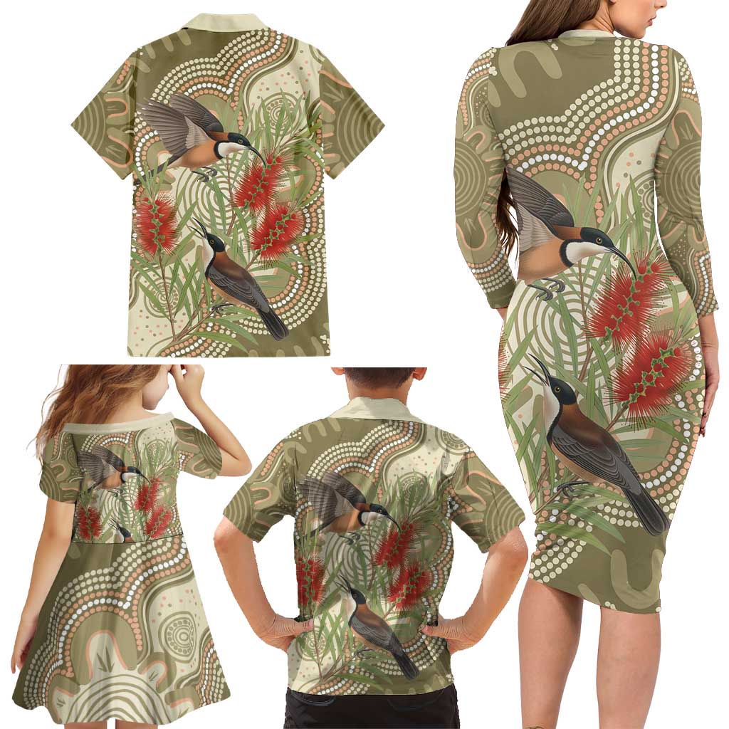 Australia Eastern Spinebill Family Matching Long Sleeve Bodycon Dress and Hawaiian Shirt Aussie Honeyeater Bottlebrush Indigenous Art - Aussie Hoodie