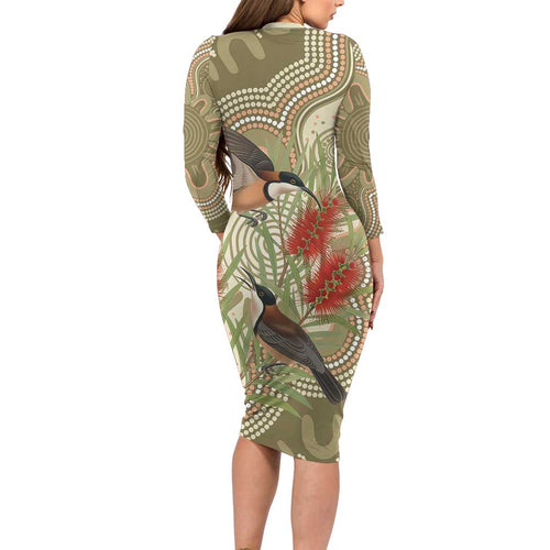 Australia Eastern Spinebill Family Matching Long Sleeve Bodycon Dress and Hawaiian Shirt Aussie Honeyeater Bottlebrush Indigenous Art - Aussie Hoodie