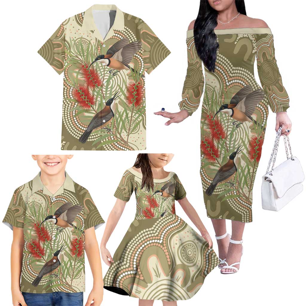 Australia Eastern Spinebill Family Matching Off The Shoulder Long Sleeve Dress and Hawaiian Shirt Aussie Honeyeater Bottlebrush Indigenous Art - Aussie Hoodie