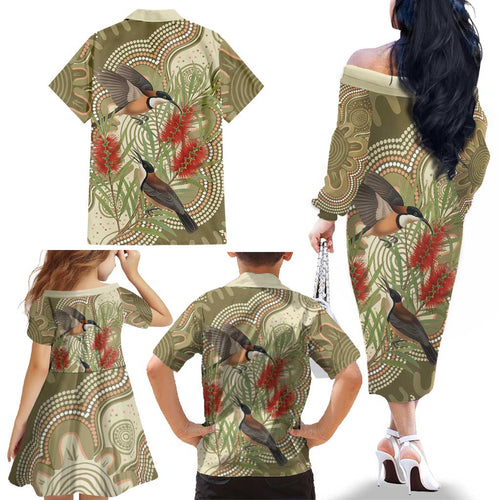 Australia Eastern Spinebill Family Matching Off The Shoulder Long Sleeve Dress and Hawaiian Shirt Aussie Honeyeater Bottlebrush Indigenous Art - Aussie Hoodie