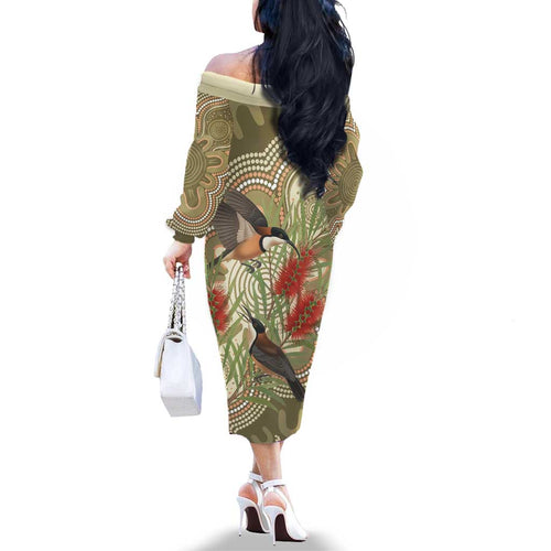 Australia Eastern Spinebill Family Matching Off The Shoulder Long Sleeve Dress and Hawaiian Shirt Aussie Honeyeater Bottlebrush Indigenous Art - Aussie Hoodie