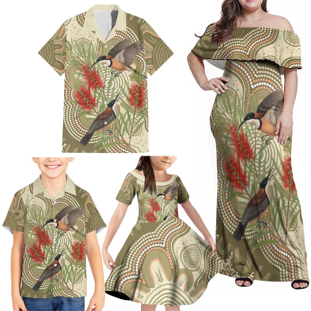Australia Eastern Spinebill Family Matching Off Shoulder Maxi Dress and Hawaiian Shirt Aussie Honeyeater Bottlebrush Indigenous Art - Aussie Hoodie