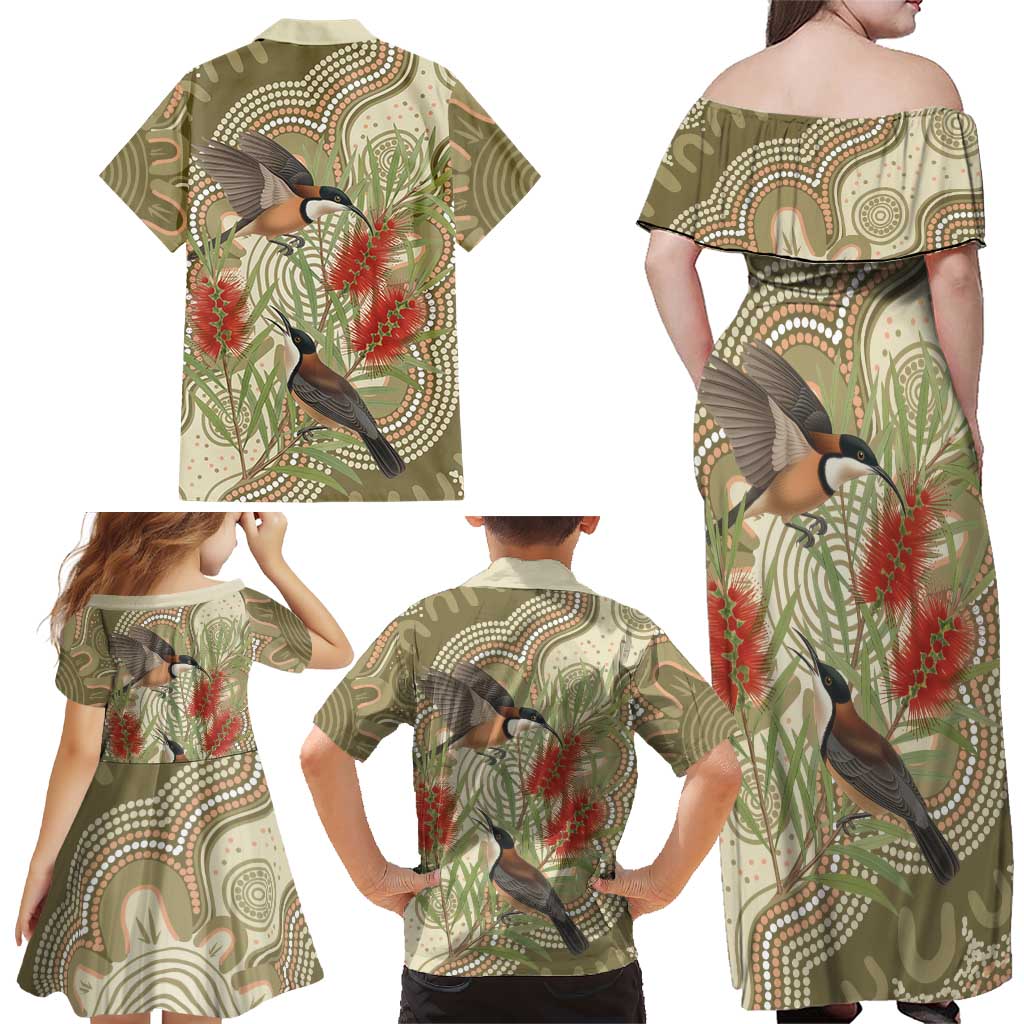 Australia Eastern Spinebill Family Matching Off Shoulder Maxi Dress and Hawaiian Shirt Aussie Honeyeater Bottlebrush Indigenous Art - Aussie Hoodie