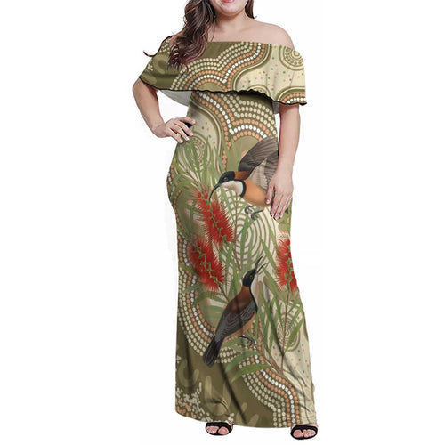 Australia Eastern Spinebill Family Matching Off Shoulder Maxi Dress and Hawaiian Shirt Aussie Honeyeater Bottlebrush Indigenous Art - Aussie Hoodie