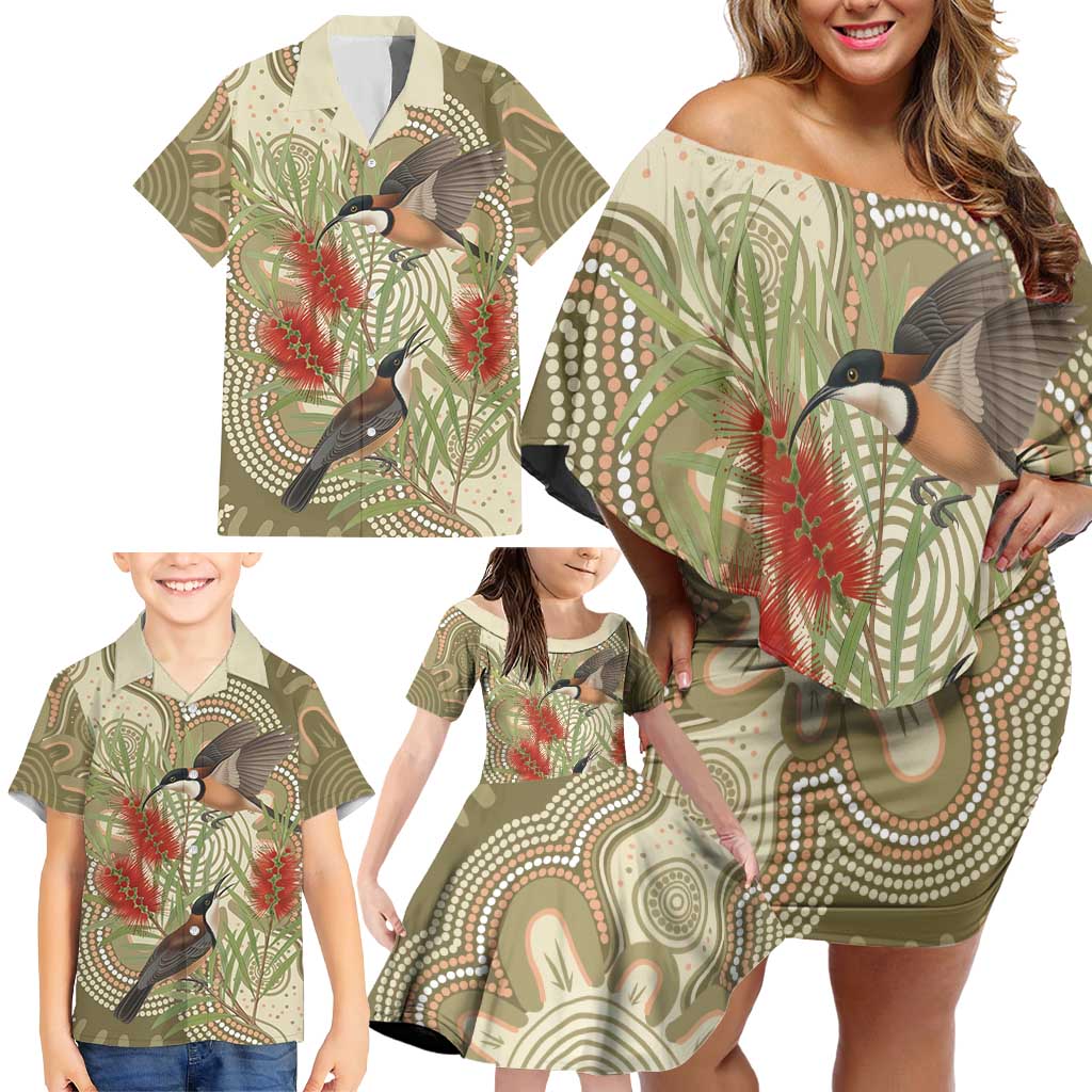 Australia Eastern Spinebill Family Matching Off Shoulder Short Dress and Hawaiian Shirt Aussie Honeyeater Bottlebrush Indigenous Art - Aussie Hoodie
