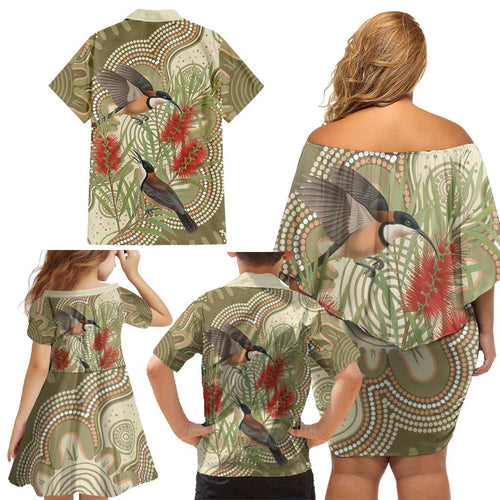 Australia Eastern Spinebill Family Matching Off Shoulder Short Dress and Hawaiian Shirt Aussie Honeyeater Bottlebrush Indigenous Art - Aussie Hoodie
