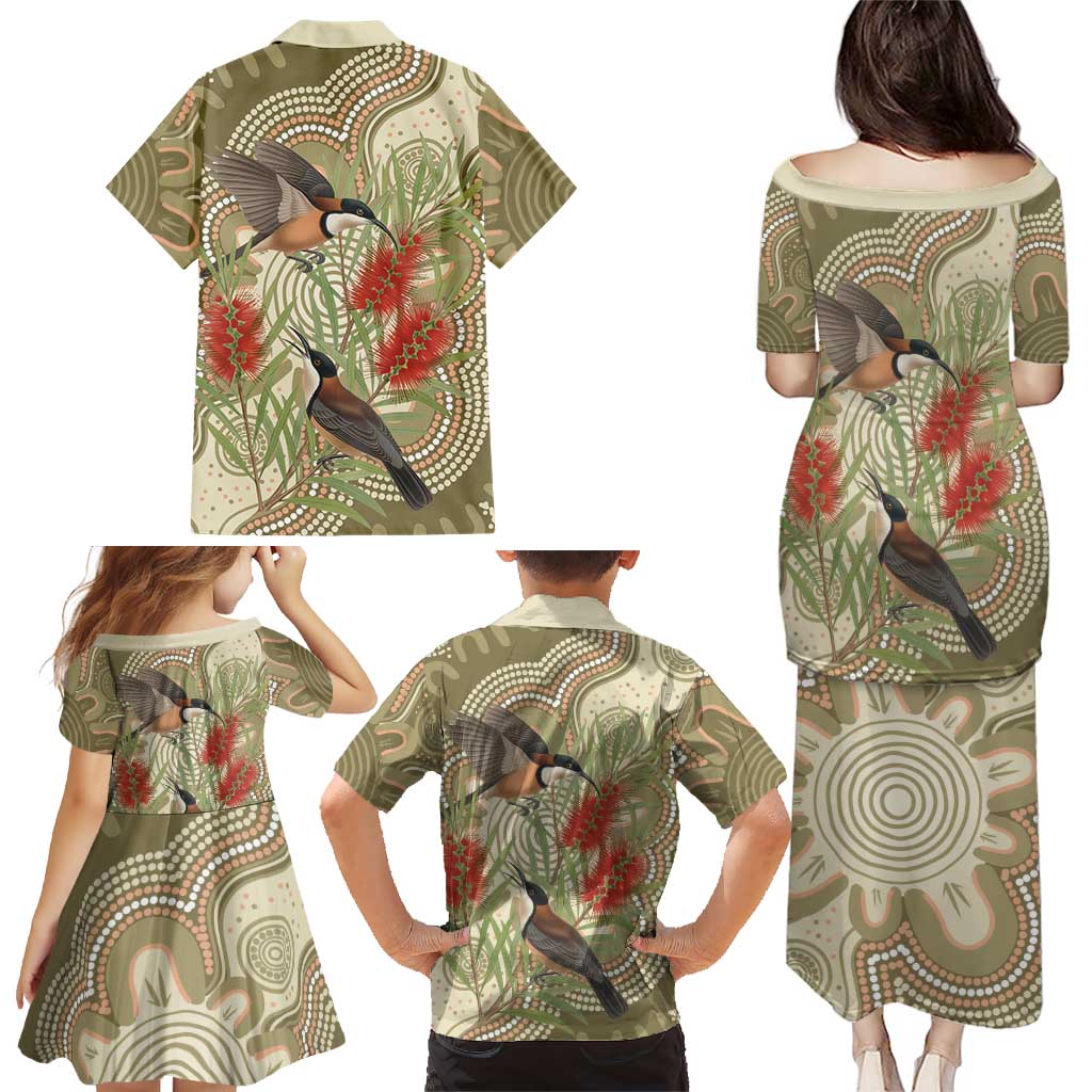 Australia Eastern Spinebill Family Matching Puletasi and Hawaiian Shirt Aussie Honeyeater Bottlebrush Indigenous Art - Aussie Hoodie