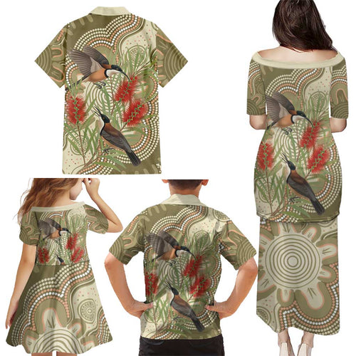 Australia Eastern Spinebill Family Matching Puletasi and Hawaiian Shirt Aussie Honeyeater Bottlebrush Indigenous Art - Aussie Hoodie