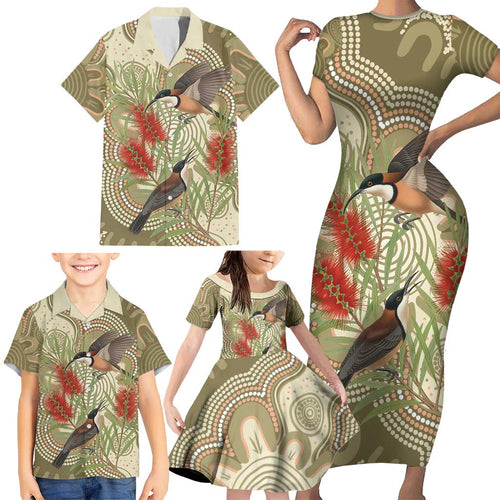 Australia Eastern Spinebill Family Matching Short Sleeve Bodycon Dress and Hawaiian Shirt Aussie Honeyeater Bottlebrush Indigenous Art - Aussie Hoodie
