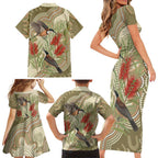 Australia Eastern Spinebill Family Matching Short Sleeve Bodycon Dress and Hawaiian Shirt Aussie Honeyeater Bottlebrush Indigenous Art - Aussie Hoodie
