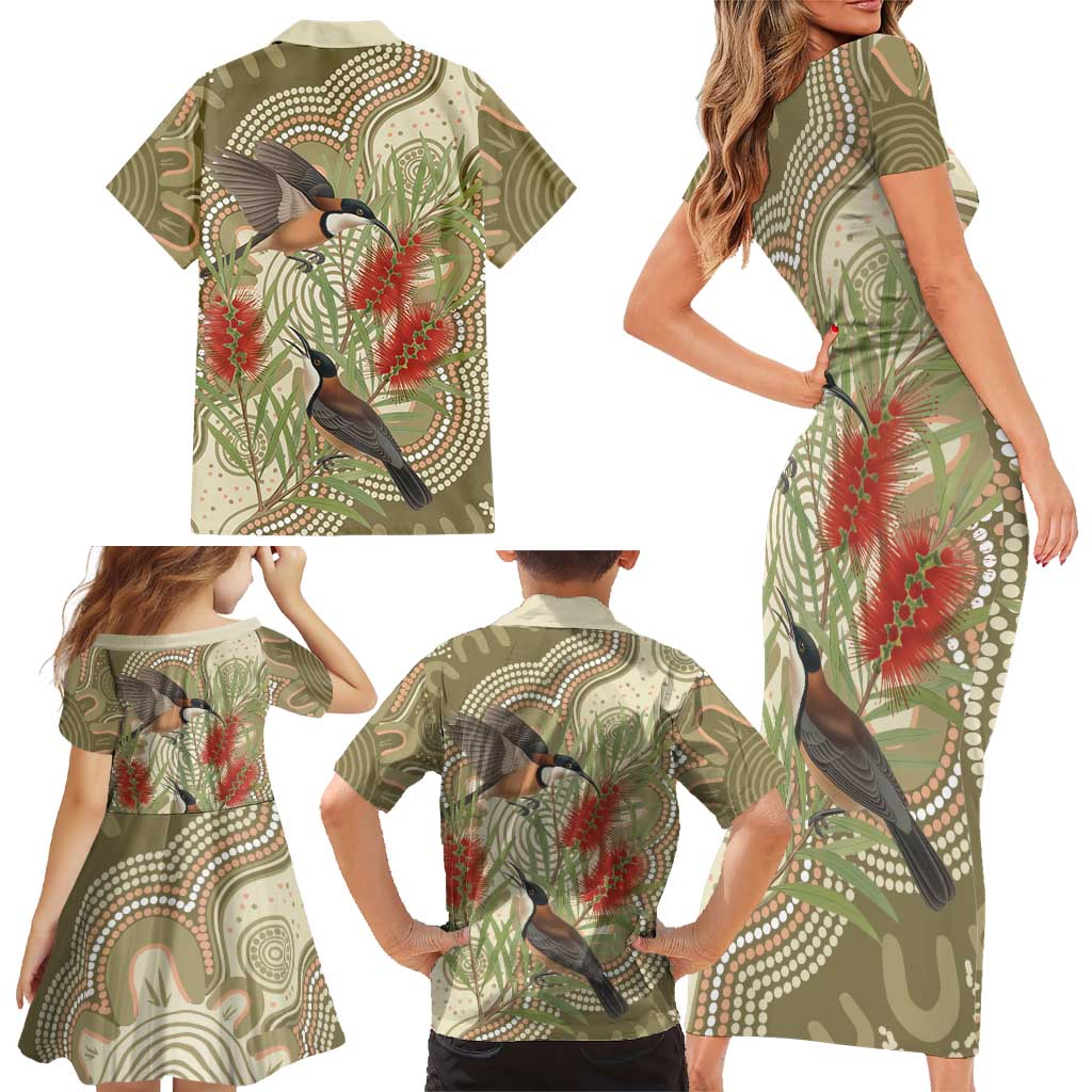 Australia Eastern Spinebill Family Matching Short Sleeve Bodycon Dress and Hawaiian Shirt Aussie Honeyeater Bottlebrush Indigenous Art - Aussie Hoodie