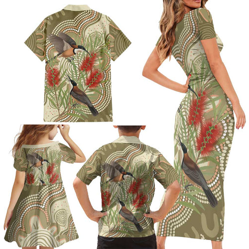 Australia Eastern Spinebill Family Matching Short Sleeve Bodycon Dress and Hawaiian Shirt Aussie Honeyeater Bottlebrush Indigenous Art - Aussie Hoodie