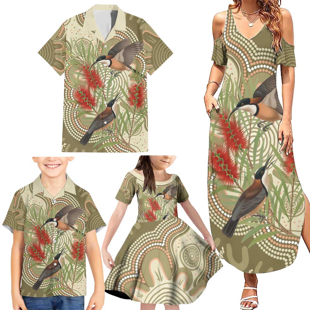 Australia Eastern Spinebill Family Matching Summer Maxi Dress and Hawaiian Shirt Aussie Honeyeater Bottlebrush Indigenous Art - Aussie Hoodie