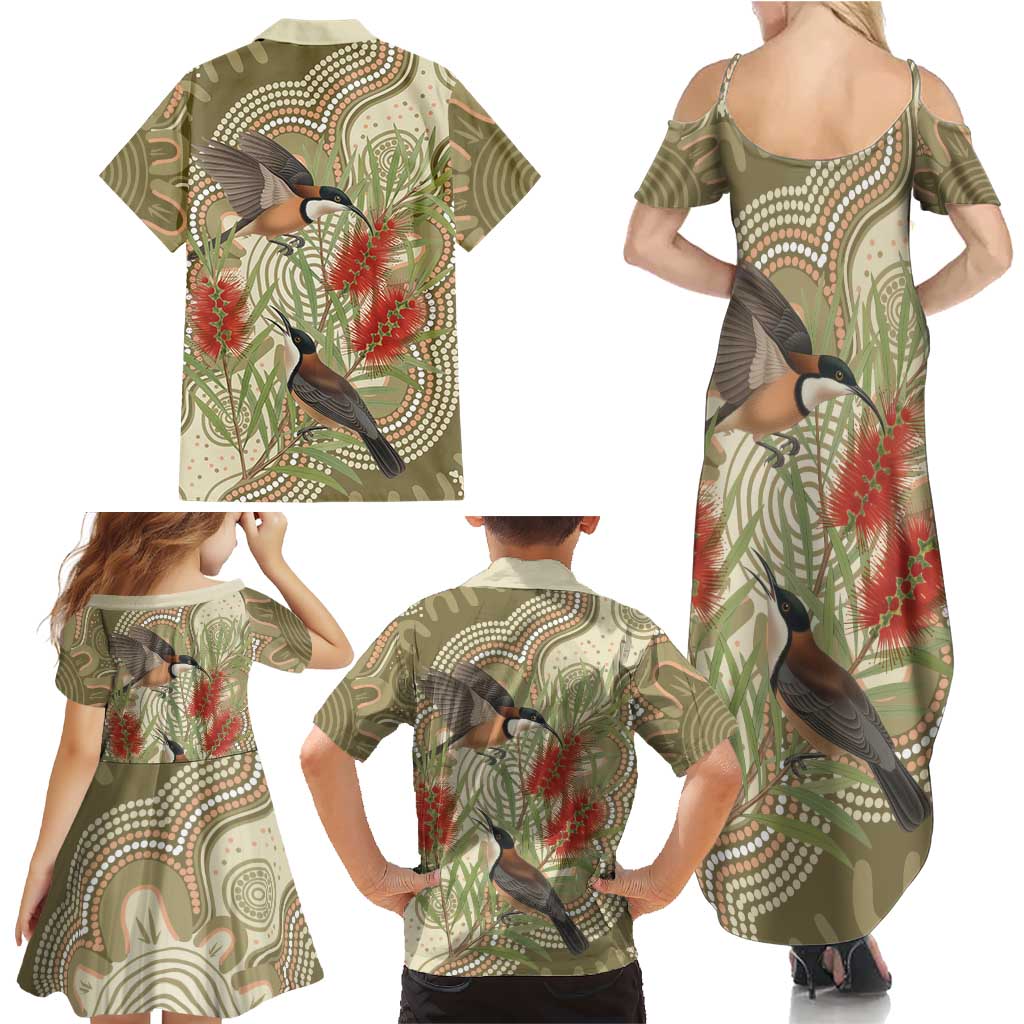 Australia Eastern Spinebill Family Matching Summer Maxi Dress and Hawaiian Shirt Aussie Honeyeater Bottlebrush Indigenous Art - Aussie Hoodie