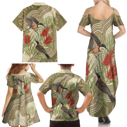 Australia Eastern Spinebill Family Matching Summer Maxi Dress and Hawaiian Shirt Aussie Honeyeater Bottlebrush Indigenous Art - Aussie Hoodie