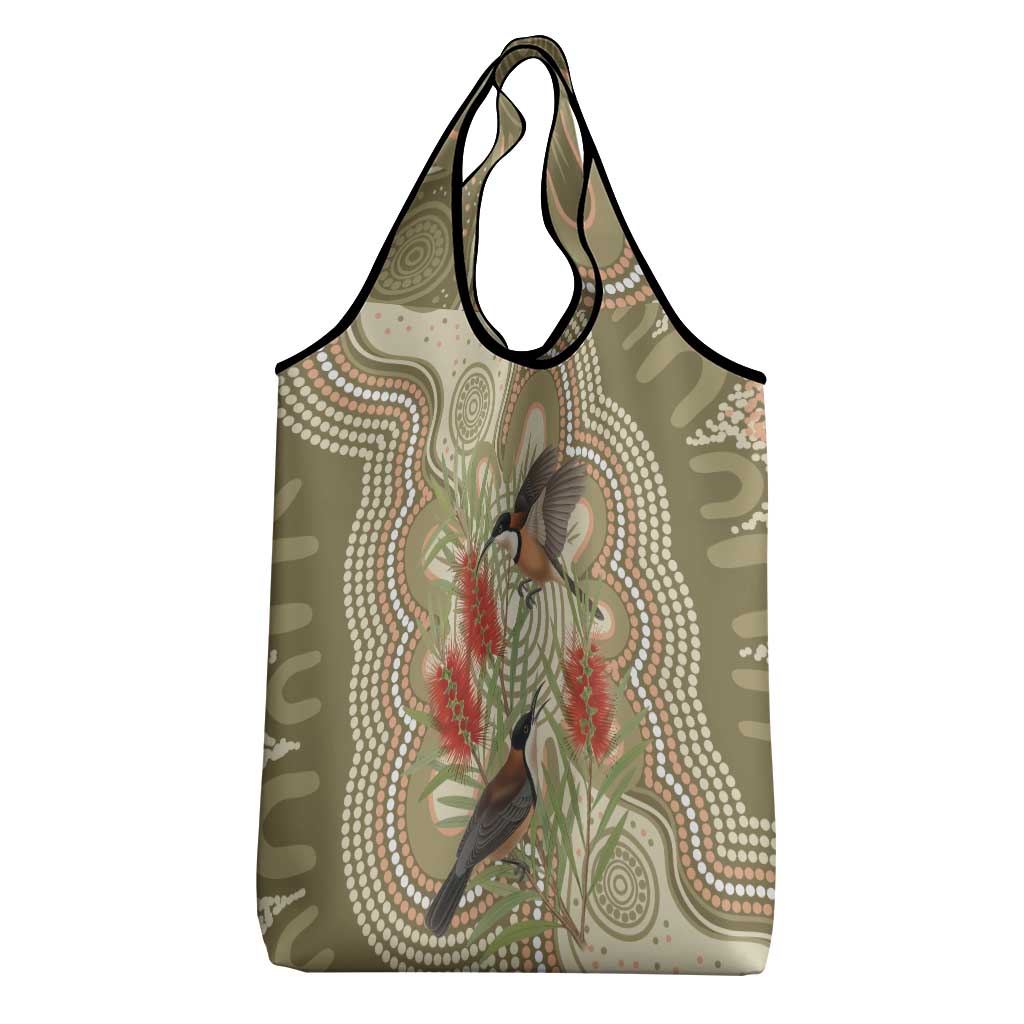 Australia Eastern Spinebill Grocery Bag Aussie Honeyeater Bottlebrush Indigenous Art - Aussie Hoodie