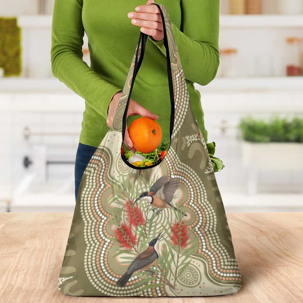 Australia Eastern Spinebill Grocery Bag Aussie Honeyeater Bottlebrush Indigenous Art - Aussie Hoodie