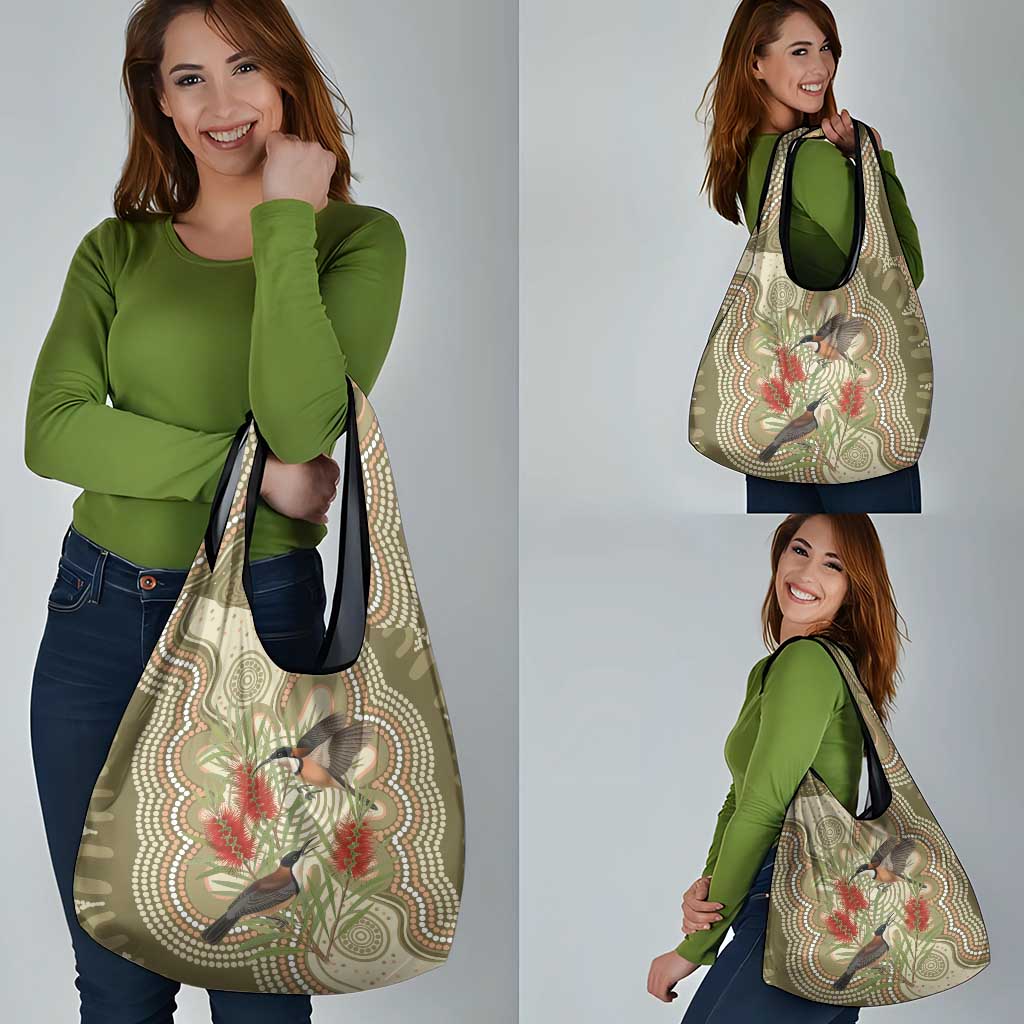 Australia Eastern Spinebill Grocery Bag Aussie Honeyeater Bottlebrush Indigenous Art - Aussie Hoodie