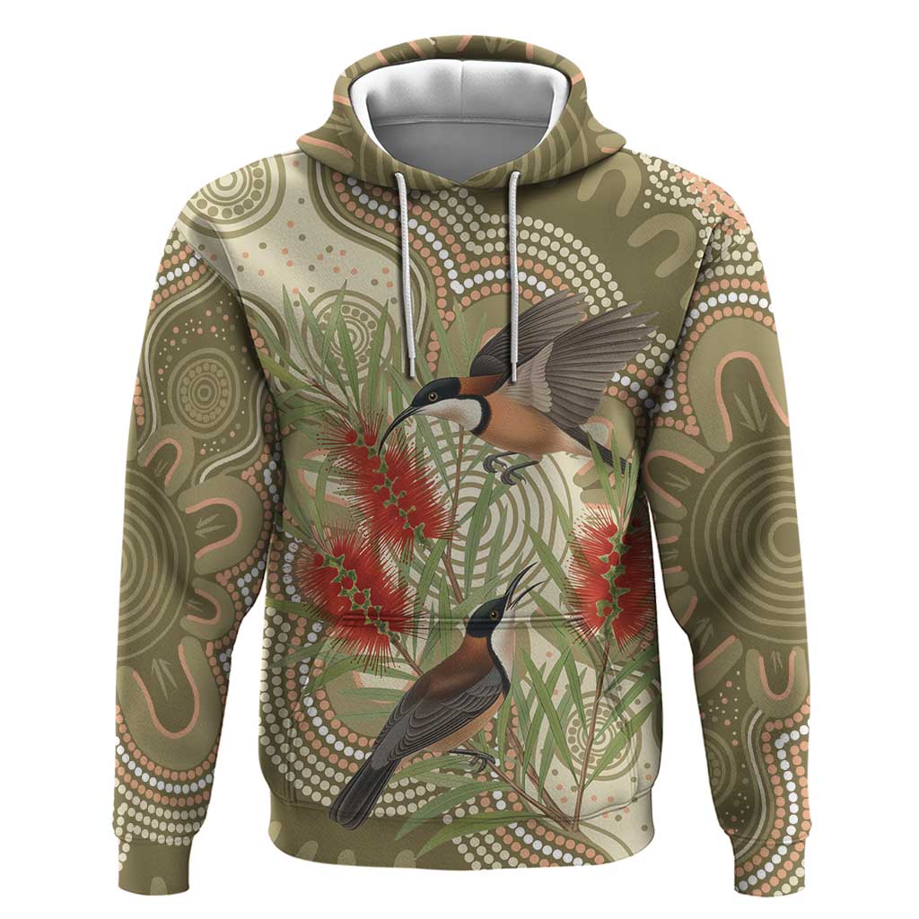 Australia Eastern Spinebill Hoodie Aussie Honeyeater Bottlebrush Indigenous Art - Aussie Hoodie