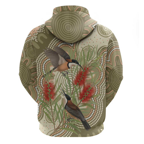 Australia Eastern Spinebill Hoodie Aussie Honeyeater Bottlebrush Indigenous Art - Aussie Hoodie