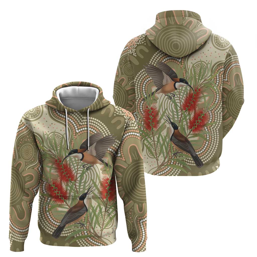 Australia Eastern Spinebill Hoodie Aussie Honeyeater Bottlebrush Indigenous Art - Aussie Hoodie